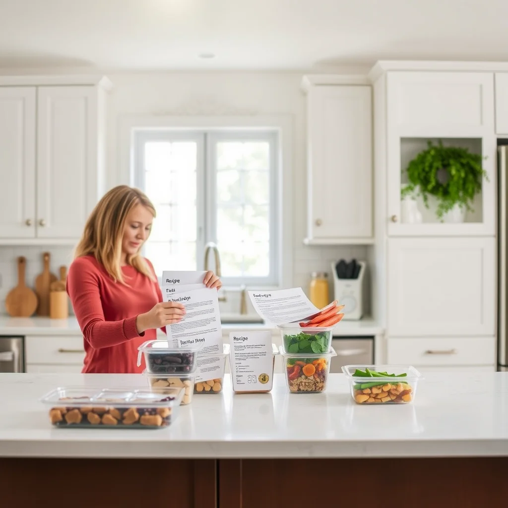 Mujer organizando recetas en la cocina.