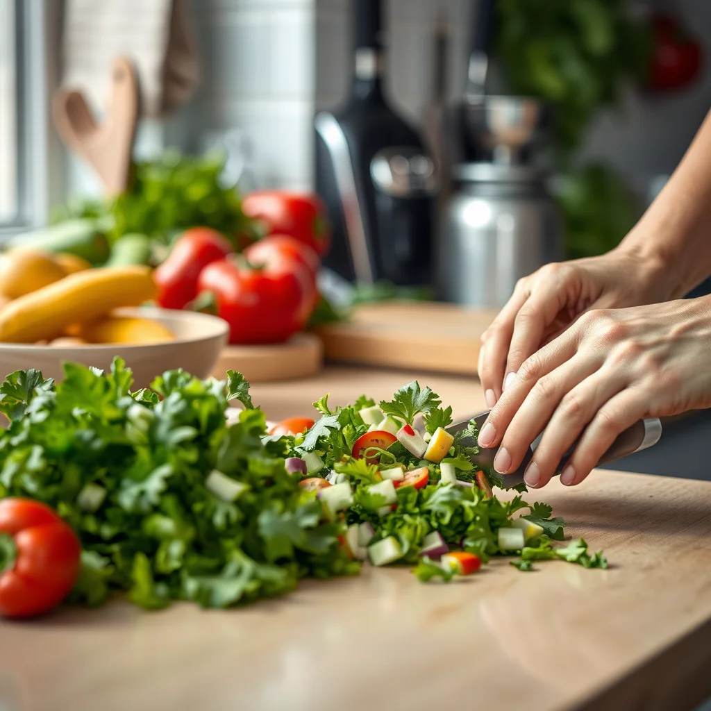 Cocina vibrante con verduras frescas picadas.
