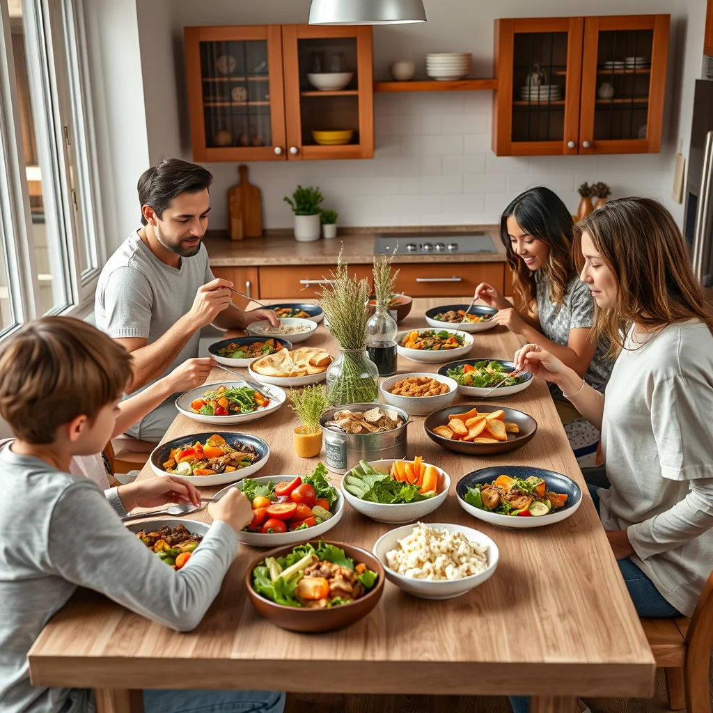 Familia disfrutando de cenas keto en la mesa.