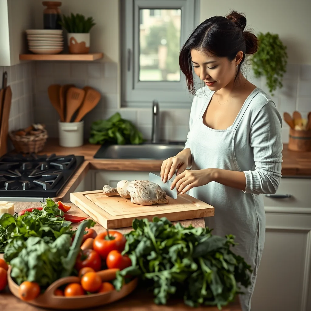Mujer cocinando pollo en una cocina acogedora.