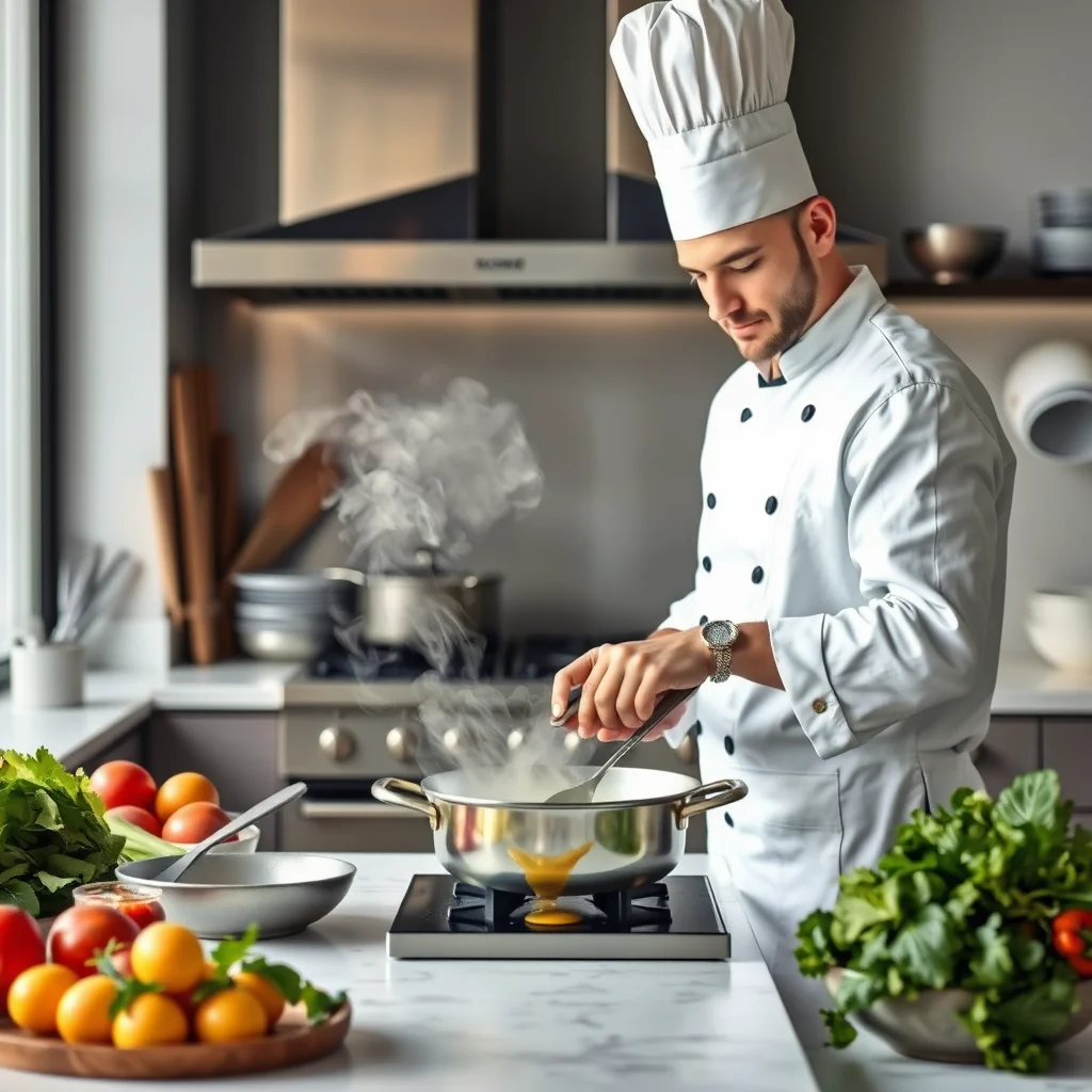 Un chef cocinando huevos en una cocina moderna.
