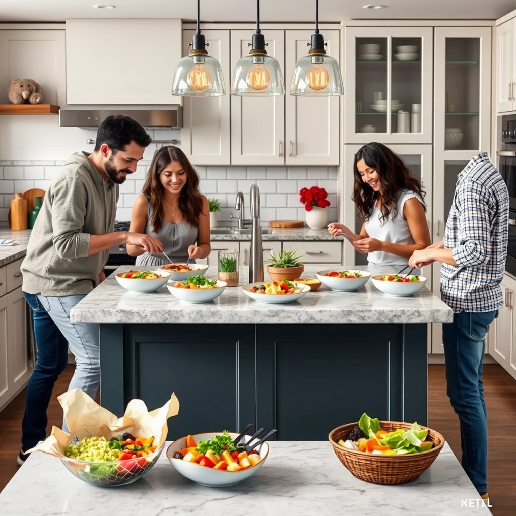 Familia preparando almuerzos keto en la cocina.