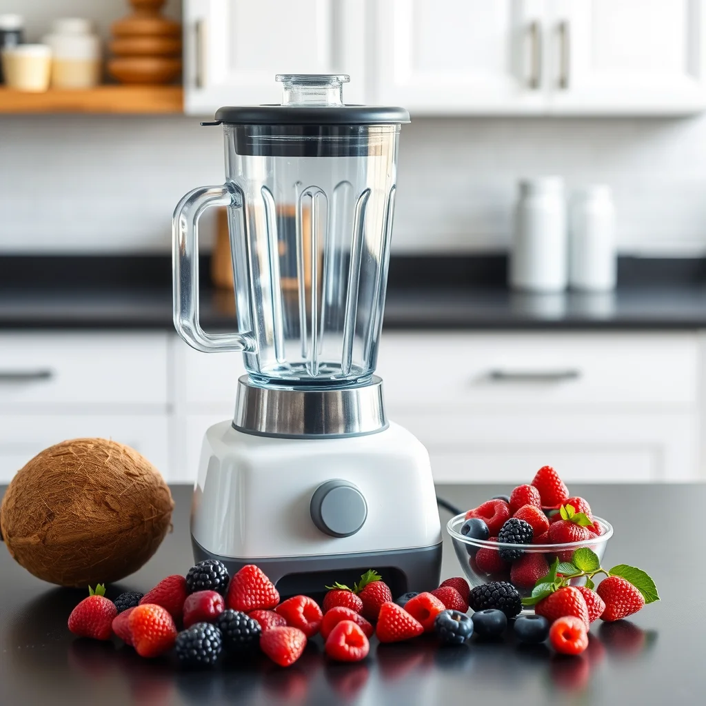Una cocina con batidora y leche de coco.