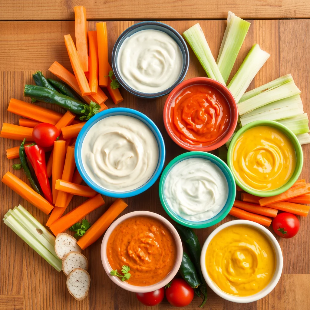 Mesa con dips y verduras frescas.