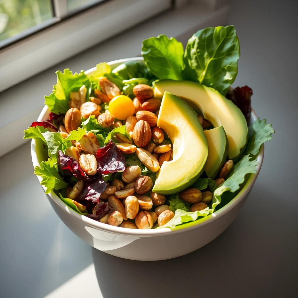 Ensalada colorida con aguacate y nueces.