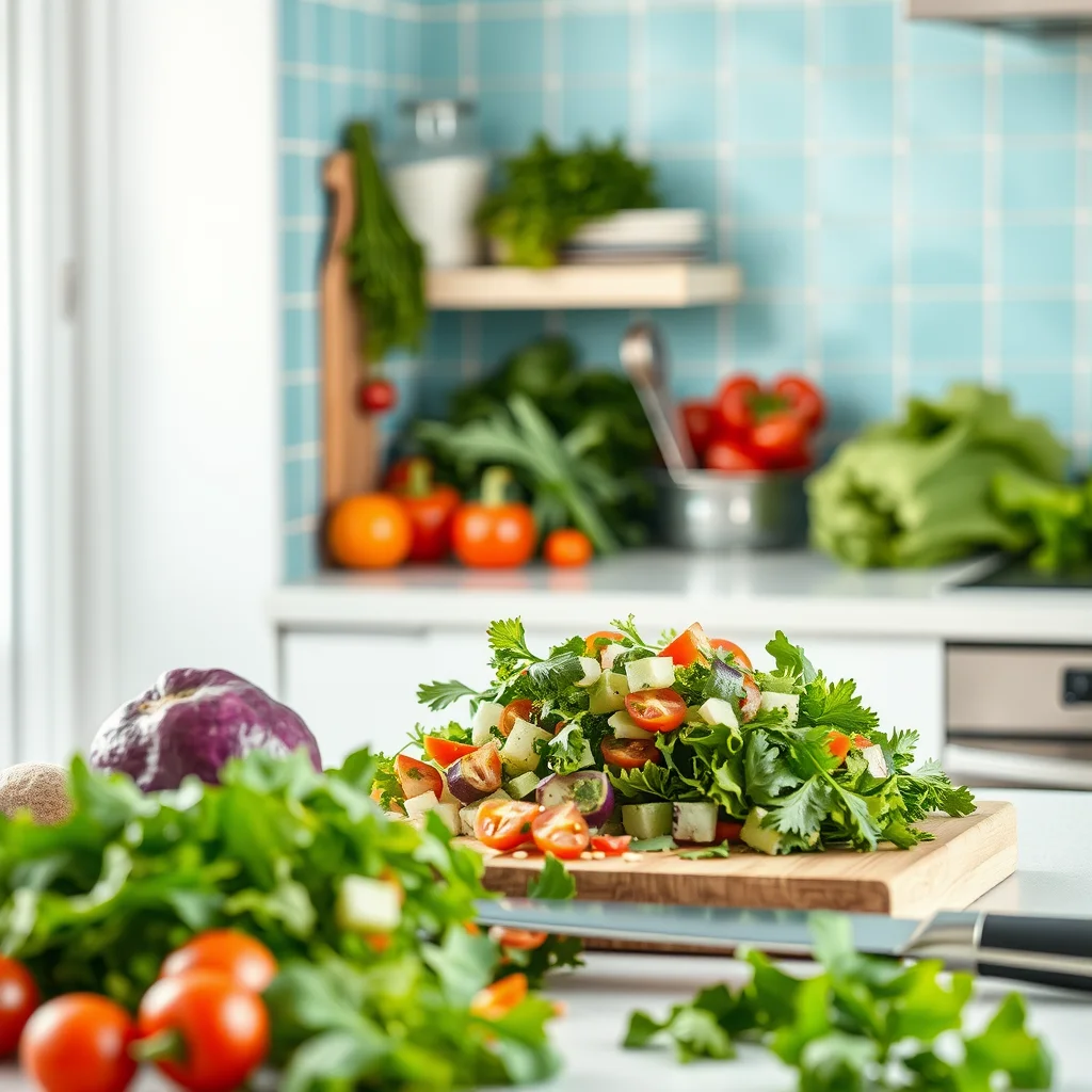 Cocina vibrante con verduras frescas.