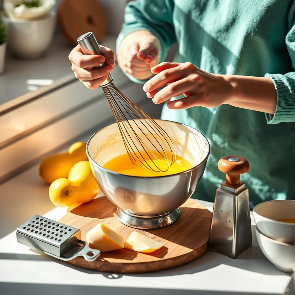 Cocina soleada con persona batiendo huevos.