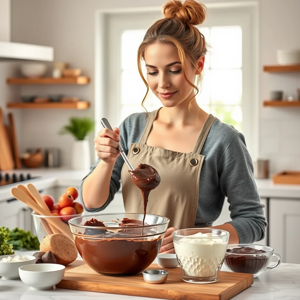 Mujer mezclando masa de chocolate en cocina.