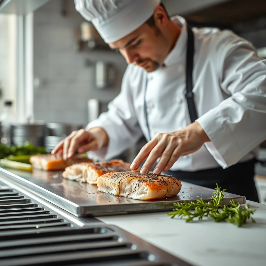 Un chef cocina filetes de pescado en una cocina.