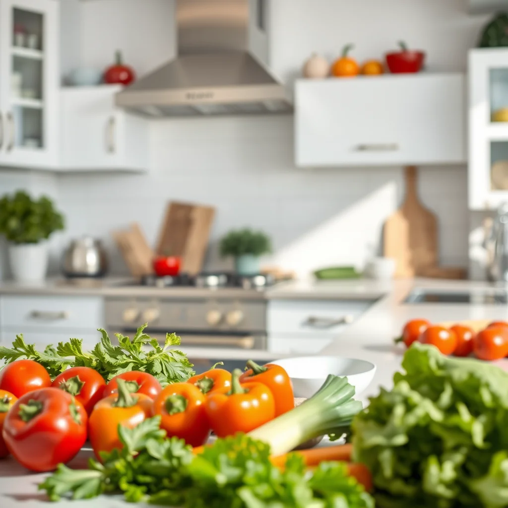 Cocina brillante con verduras frescas y sartén.