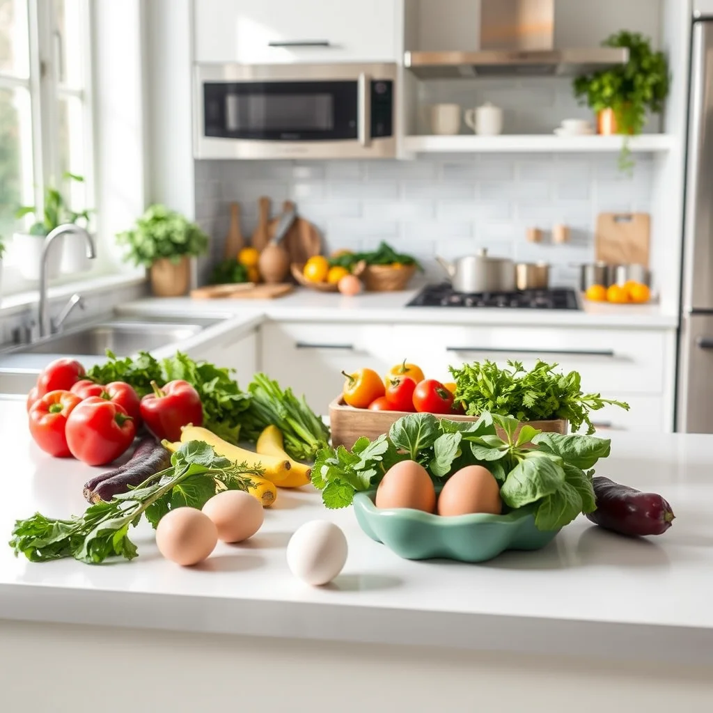 Cocina brillante con verduras y huevos.