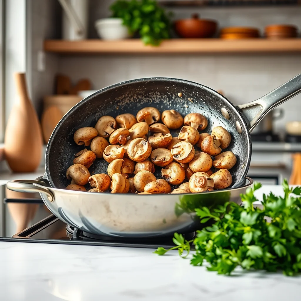 Cocina brillante con champiñones en sartén.