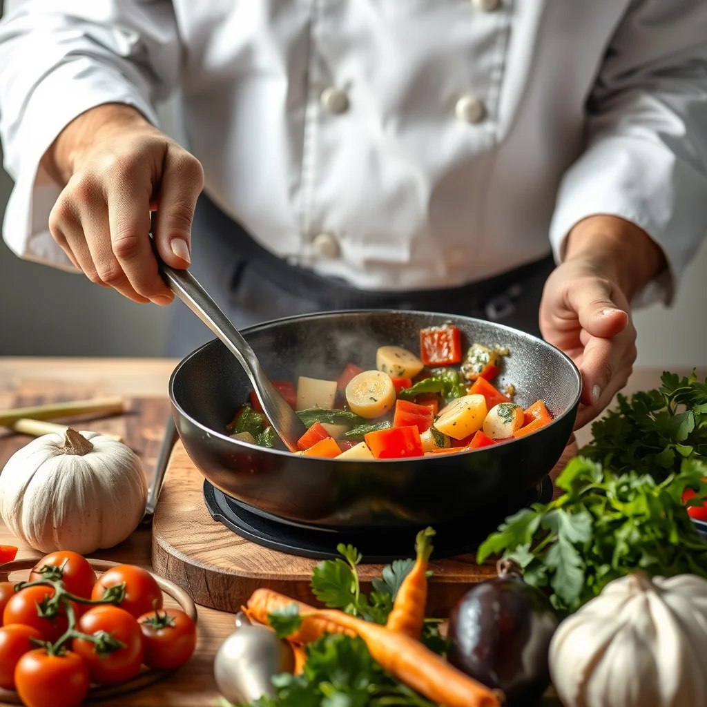 Chef cocinando verduras frescas en la cocina.