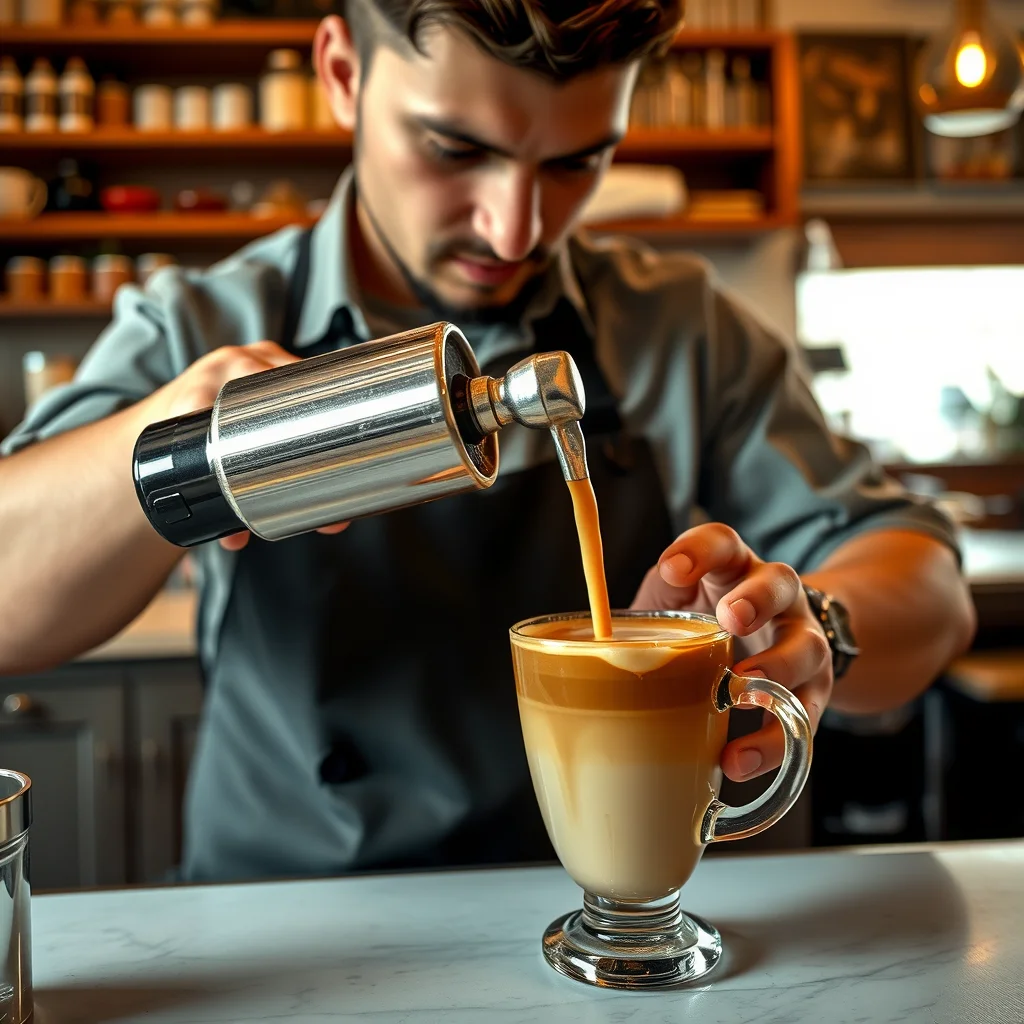 Barista preparando café en una cafetería acogedora.