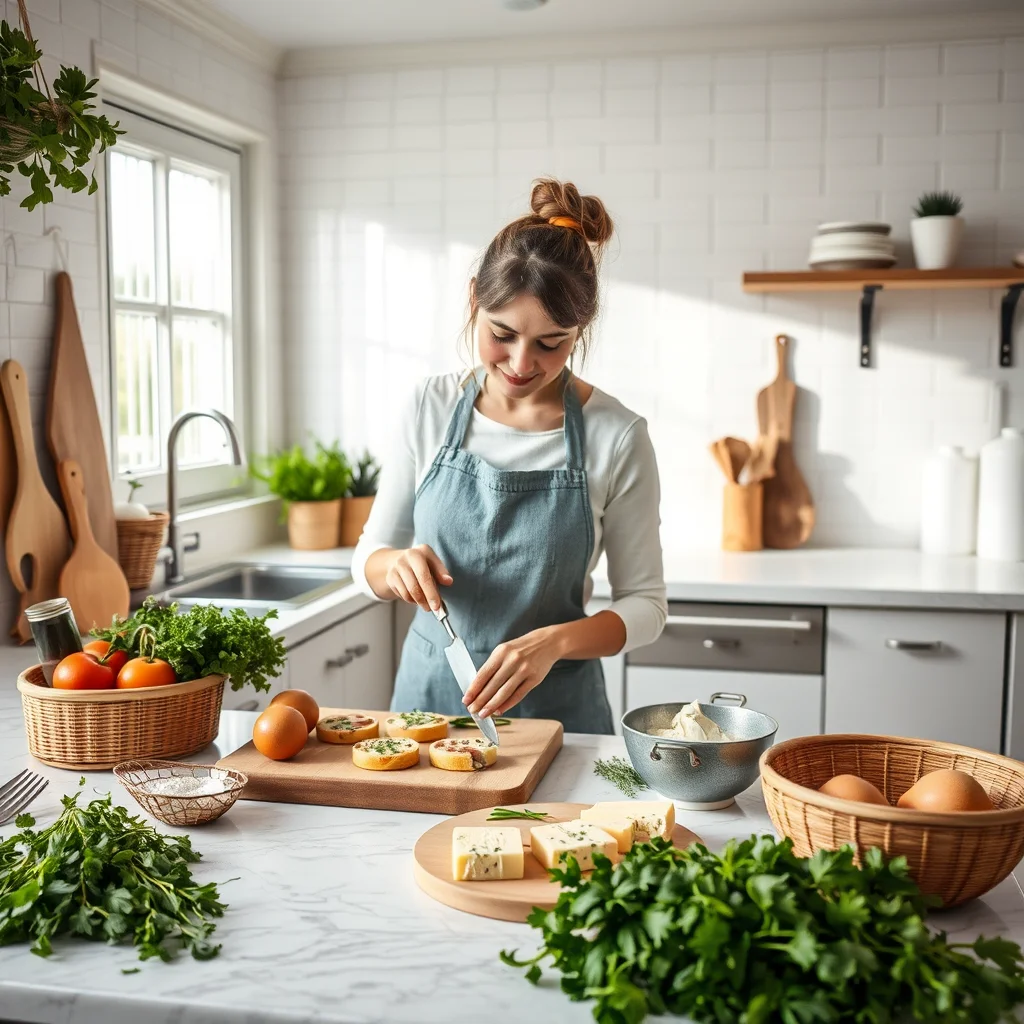 Mujer preparando bocadillos de queso en cocina.