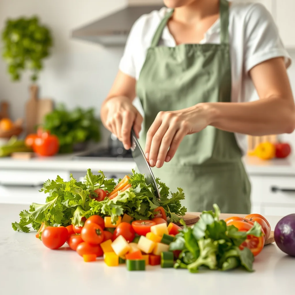 Persona picando verduras en una cocina iluminada.