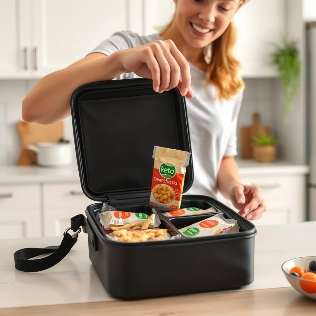 Persona empacando bocadillos keto en una cocina.