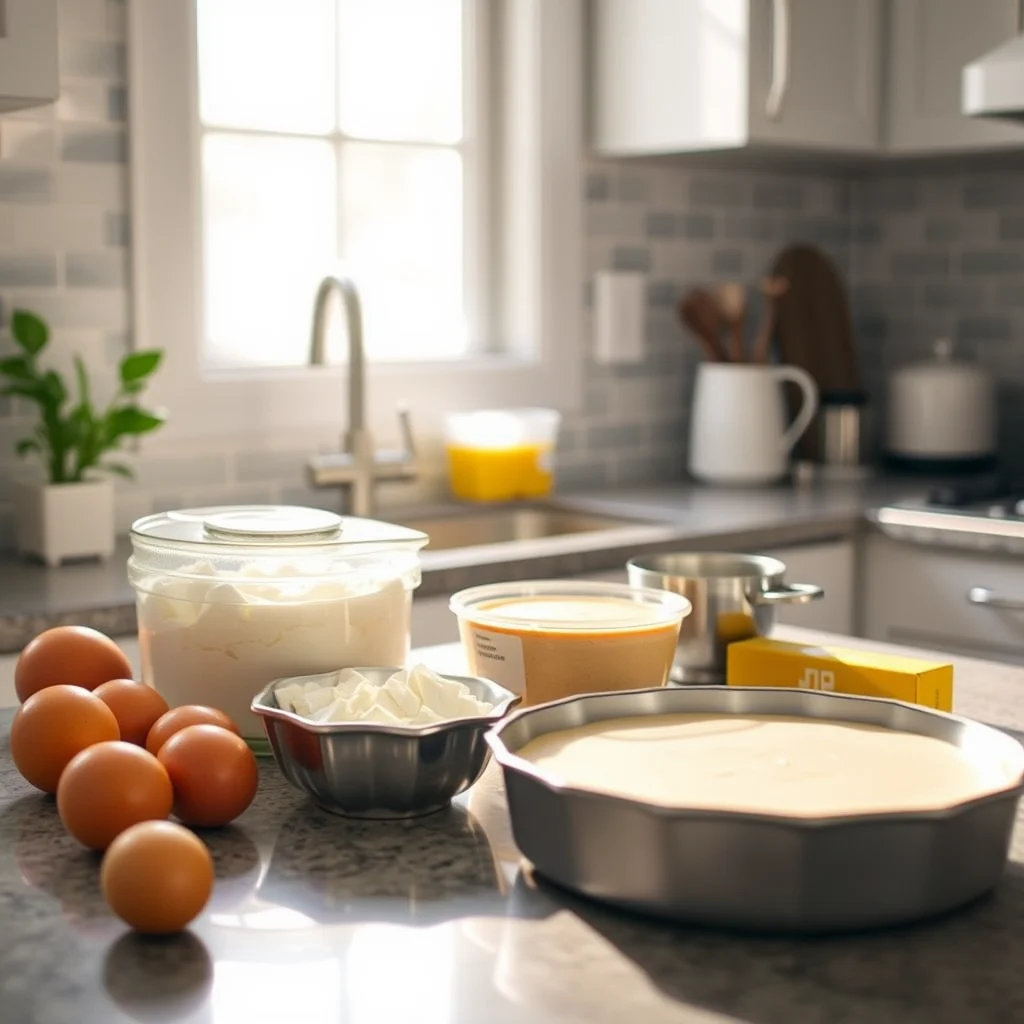 Ingredientes para cheesecake en la cocina iluminada.