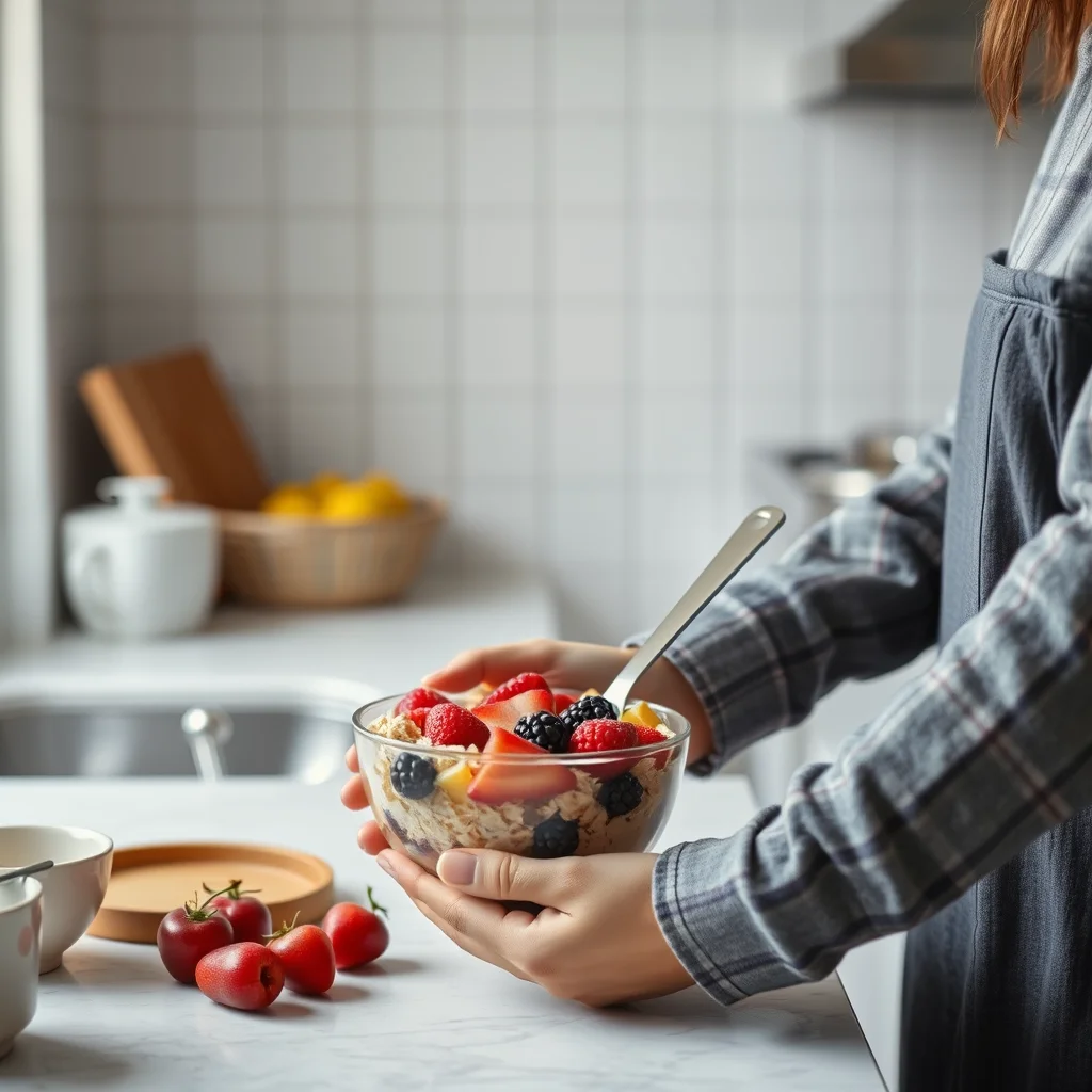 Cocina acogedora con avena y frutas.