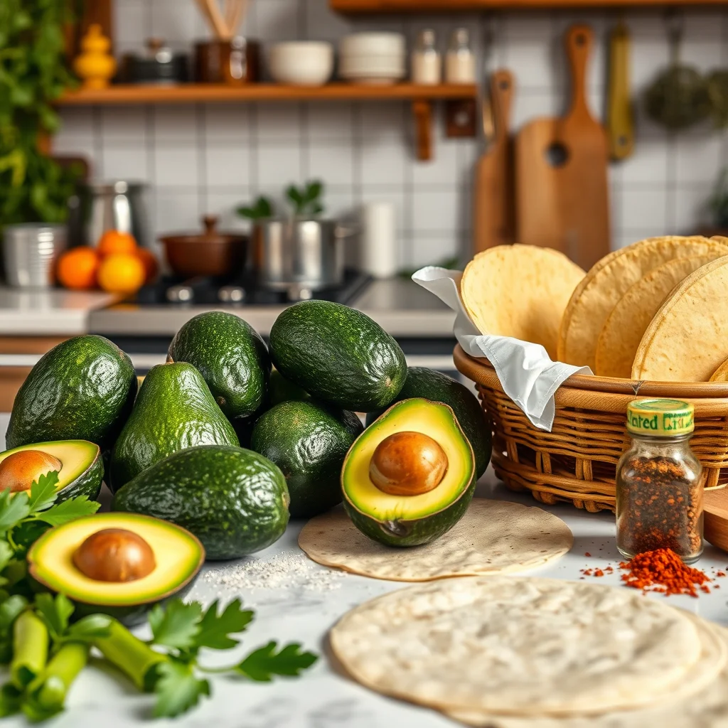 Cocina vibrante con aguacates y especias.
