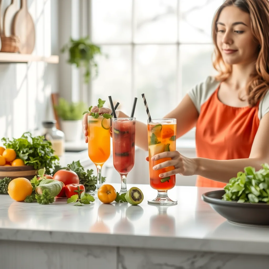 Mujer preparando cócteles keto en la cocina.