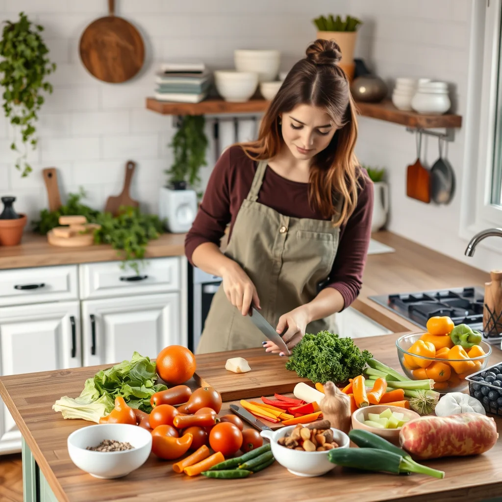 Mujer picando verduras en una cocina acogedora.