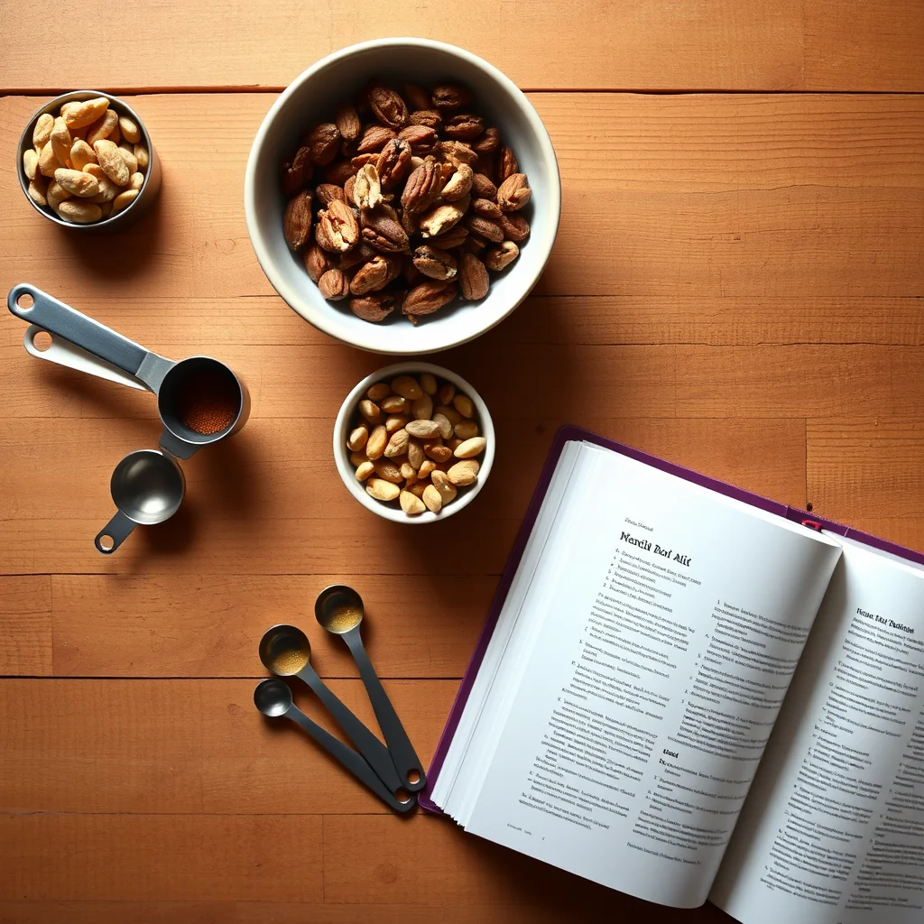Mesa con nueces y libro de recetas abiertas.