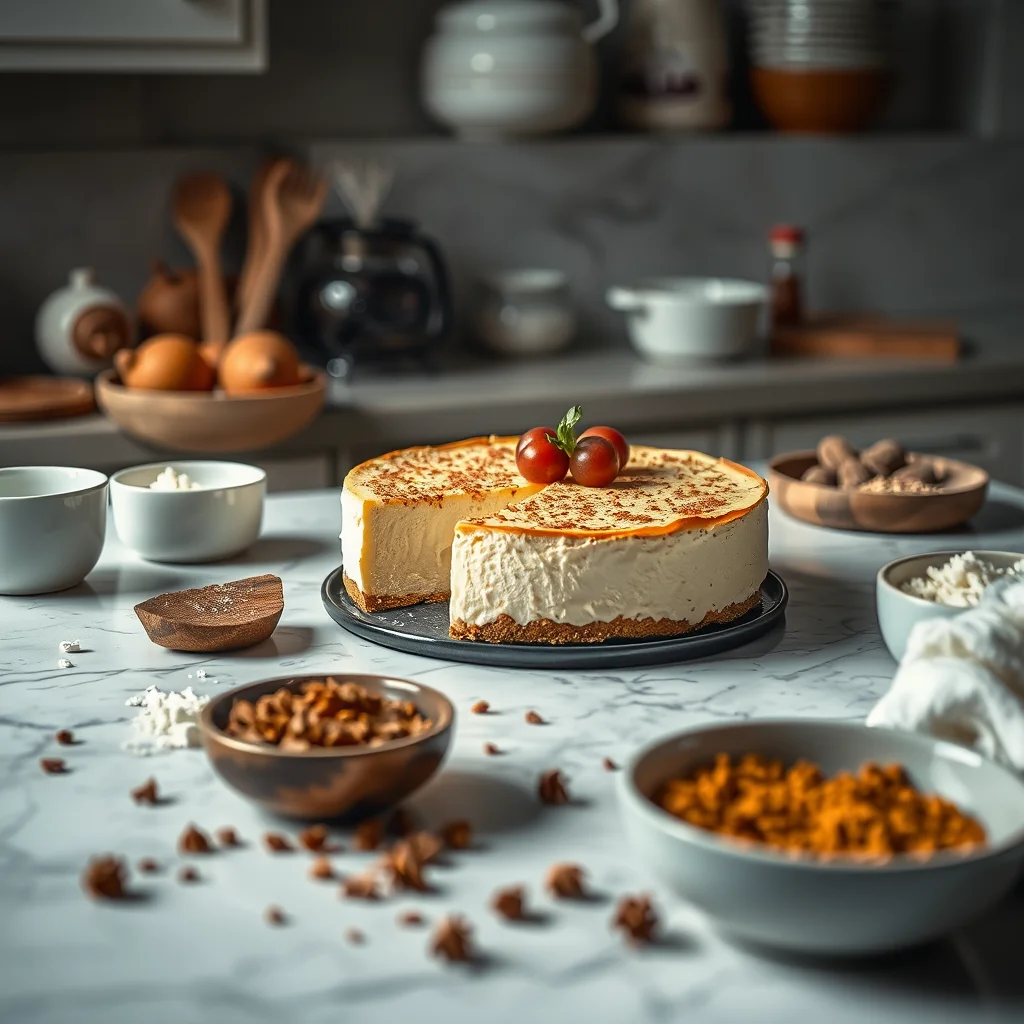Una cocina con cheesecake y ingredientes esparcidos.