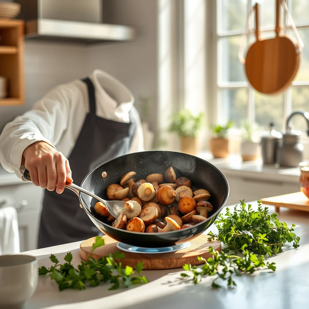 Cocinero salteando champiñones en una cocina iluminada.